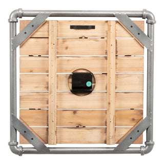 Back image of the 404-3412L 16-inch Foundry Metal & Wood Wall Clock - Light, showing the wood slats, the pipework, the battery compartment, the quartz movement, and the metal sawtooth hanger in a square frame.