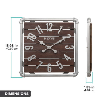 Dimension image in inches and centimeters of the 404-3412L 16-inch Foundry Metal & Wood Wall Clock - Light. The clock features a square metal pipe frame, stained wood slats, and metal pewter finish accents. The clock is 15.98 inches square and 1.89 inches deep.