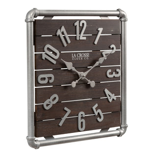 Right-facing image of the 404-3412L 16-inch Foundry Metal & Wood Wall Clock - Light. The clock features a square metal pipe frame in a weathered pewter finish, a truffle-brown-stained wood slat clock face with pewter-finished metal numbers and hands.
