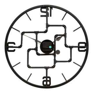Back image of the 404-3420 20-inch Pipeworks Metal Wall Clock showing the battery compartment, the quartz movement, and the hanging hole.