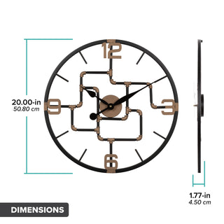 Orthographic dimension image (inches and centimeters) for 404-3420 20-inch Pipeworks Metal Wall Clock featuring an open face dial with a weathered bronze and antique brass finish pipe framework, black decorative metal hour and minute hands, and antique brass numbers at 3, 6, 9, and 12. Text lists 20.00 inches in diameter and 1.77 inches deep.