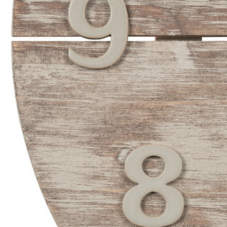 404-3430W A round rustic wall clock with a distressed light brown wood-grain face, close up. 