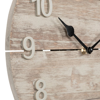 404-3430W Close-up of a distressed wood wall clock showing numbers 9, 10, and 8, with black hands and a small gold accent near the center.