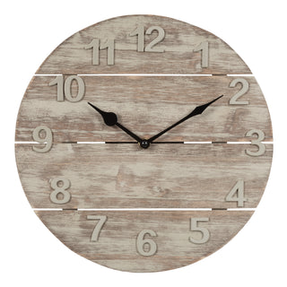 404-3430W A round wall clock with a distressed light brown wood plank design, featuring raised beige numbers and black hands on a plain white background.
