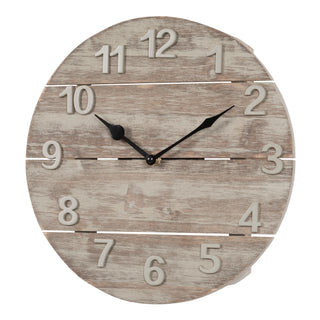 404-3430W A round rustic wall clock with a distressed light brown wood-grain face, featuring raised cream-colored numbers and black hands.