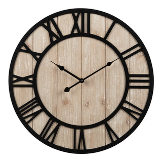 Head on image of the 404-3450 Harper open face wall clock featuring a wood dial and laser cut black roman numerals and black metal hands