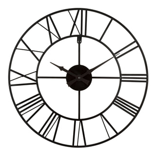 Head-on image of the 404-3451 20-inch Metal Tower Walkl Clock - Roman Numerals, the clock features an open-face cut-out design, Roman numerals, metal hands, and metal skeleton framing.
