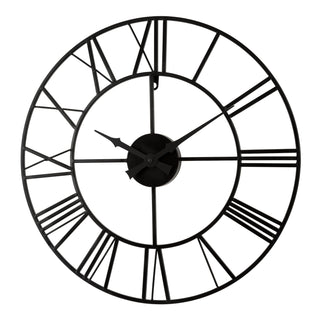 Left-facing image of the 404-3451 20-inch Metal Tower Wall Clock - Roman Numerals, the clock features an open-face cutout design, Roman numerals, metal hands, and metal skeleton framing.