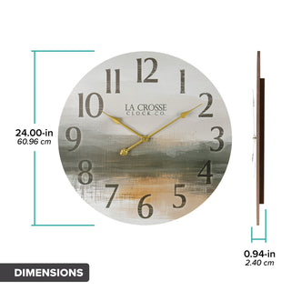 Dimension image in inches and centimeters of the 404-3461 24-inch Daybreak Wall Clock featuring an open face design of an impressionistic sunrise in muted tones, distressed numbers, and gold metal hands. The clock is 24 inches in diameter and .94 inches deep.