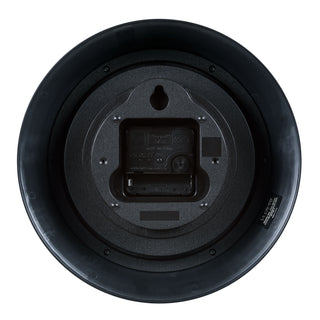 Back image of the 404-3623C 9-inch Cafe Wall Clock showing the battery compartment, the quartz movement, and the hanging hole.