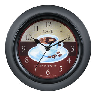 Head-on image of the 404-3623C 9-inch Cafe Wall Clock featuring a coffee motif dial, a thick black frame, and black metal hour and minute hands.