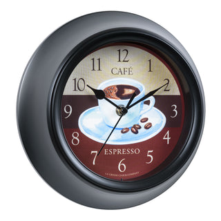 Right-facing image of the 404-3623C 9-inch Cafe Wall Clock featuring a coffee motif dial, a thick black frame, and black metal hour and minute hands.