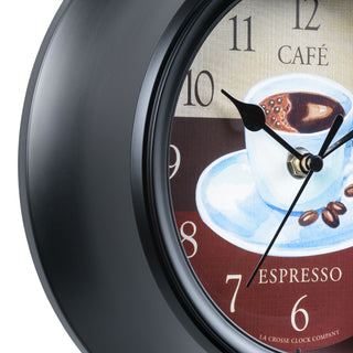 Frame detail of the 404-3623C 9-inch Cafe Wall Clock featuring a coffee motif dial, thick black frame, and black metal hour and minute hands.