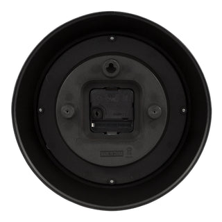 Back image of the image of the 404-3624B 9.5-inch Diner Wall Clock showing the battery compartment, quartz movement, and the hanging hole.
