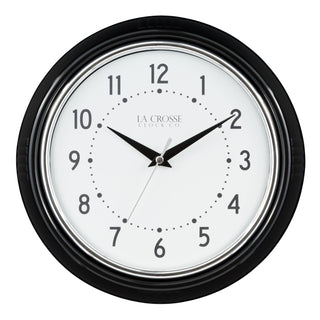 Black and white head-on image of the 404-3624B 9.5-inch Diner Wall Clock featuring a black frame with chrome bezel accent, an off-white dial with black numbers and hour dots, a silver second hand, and black hour and minute hands.