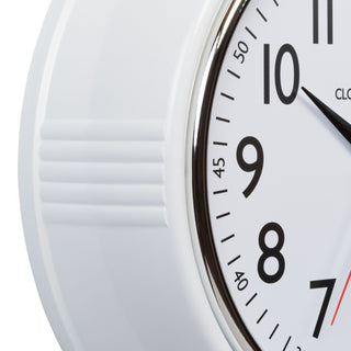 Close-up frame image of the 404-3624W 9.5-inch Diner Clock – White features a retro-style White frame with a white dial, chrome bezel, black numbers and minute markings, black metal hands, and a red second hand.
