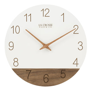 404-3630B Wall clock with white face and wooden bottom half, featuring brand 'La Crosse Clock Co'.