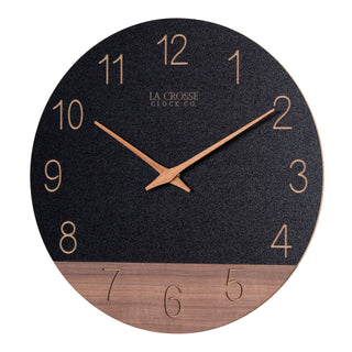 Left-facing image of the 404-3630C 12-inch Sierra Wood Wall Clock - Black, the clock features a black and wood split design open-face dial, with laser cut numbers, and wood hour and minute hands.