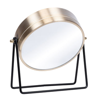 404-3719 A round vanity mirror with a brushed gold metal frame and a black wire stand, shown on a plain white background.