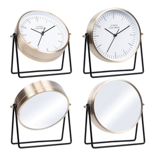 404-3719 Four angle of round table clock with metallic frames on a white background