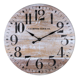 Head-on image of the 404-3828K 11-inch Whitman Wall Clock featuring an open-faced dial with a weathered wood design, black numbers, and black metal hands.