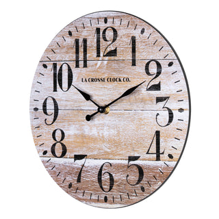 Left-facing image of the 404-3828K 11-inch Whitman Wall Clock featuring an open-faced dial with a weathered wood design, black numbers, and black metal hands.