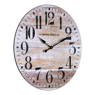 Right-facing 404-3828K 11-inch Whitman Wall Clock featuring an open-faced dial with a weathered wood design, black numbers, and black metal hands.