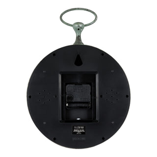 Back image of the image of the 404-3828 9-inch Pocket Watch Wall Clock showing the battery compartment, quartz movement, and the hanging hole.