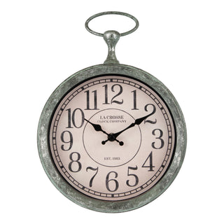 Head-on image of the 404-3828 9-inch Pocket Watch Wall Clock featuring a green patina pocket watch style frame with a parchment dial, black numbers, and black stylized hands.