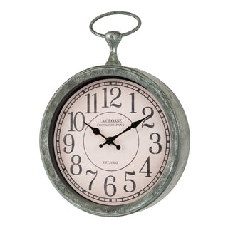 Left-facing image of the 404-3828 9-inch Pocket Watch Wall Clock featuring a green patina pocket watch style frame with a parchment dial, black numbers, and black stylized hands.