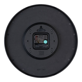 Back image of the 404-3831B 12-inch Paxton Wall Clock - Black, with Silent Sweep, showing the battery compartment, the quartz movement, and the hanging hole.