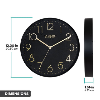 Dimension image of the 404-3831B 12-inch Paxton Wall Clock - Black, with Silent Sweep, featuring a flush-mount black frame, a matching color dial, brass raised numbers, and brass-finished hour, minute, and second hands. The diameter is 12 inches, and the depth is 1.61 inches.