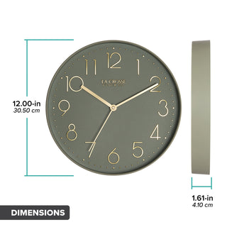 Dimension image of the 404-3831G 12-inch Paxton Wall Clock - Green, with Silent Sweep, featuring a flush-mount green frame, a matching color dial, brass raised numbers, and brass-finished hour, minute, and second hands. The diameter is 12 inches, and the depth is 1.61 inches.