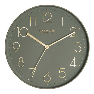 Head-on image of the 404-3831G 12-inch Paxton Wall Clock - Green, with Silent Sweep, featuring a flush-mount green frame, a matching color dial, brass raised numbers, and brass-finished hour, minute, and second hands.