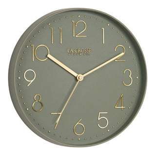 Right-facing image highlighting the buttons of the 404-3831G 12-inch Paxton Wall Clock - Green, with Silent Sweep, featuring a flush-mount green frame, a matching color dial, brass raised numbers, and brass-finished hour, minute, and second hands.
