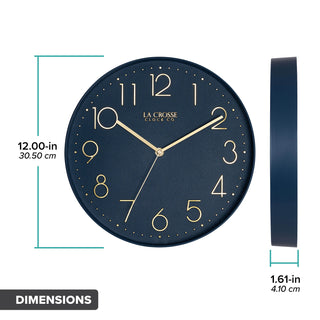 Dimension image of the 404-3831NB 12-inch Paxton Wall Clock - Navy Blue, with Silent Sweep, featuring a flush-mount navy blue frame, a matching color dial, brass raised numbers, and brass-finished hour, minute, and second hands. The diameter is 12 inches, and the depth is 1.61 inches.