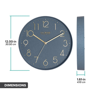 Dimension image of the 404-3831SP 12-inch Paxton Wall Clock - Speckled, with Silent Sweep, featuring a flush-mount speckled blue frame, a matching color dial, brass raised numbers, and brass-finished hour, minute, and second hands. The diameter is 12 inches and the depth is 1.61 inches.