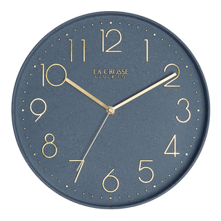 Head-on image of the 404-3831SP 12-inch Paxton Wall Clock - Speckled, with Silent Sweep, featuring a flush-mount speckled blue frame, a matching color dial, brass raised numbers, and brass-finished hour, minute, and second hands.