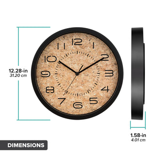 Dimension image in inches and centimeters of the 404-3832 12-inch Felix Cork Wall Clock showing the diamter of 12.28 inches and a delpth of 1.58 inches. The clock features a cork dial with laser cut numbers and time markings in a black case and hour, minute, and second hands.