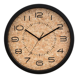 Head-on image of the 12-inch 404-3832 Felix Cork Wall Clock with laser cut numbers and time markings with black hour, minute, and second hands