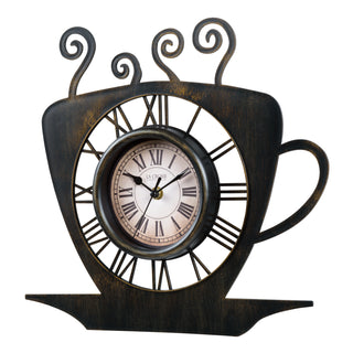 404-3833B A decorative table clock shaped like a teacup, with a dark brown distressed finish, Roman numerals, and a round clock face in the center, shown on a plain white background.