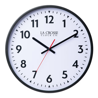 Head-on image of the 404-3841 16-inch Commercial Wall Clock featuring bold black numerals, black hour markings, a white dial, black hour and minute hands, and a red second hand in a black flush-mount frame.