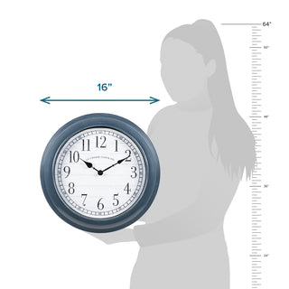 Wall clock with dimensions shown against a silhouette of a person