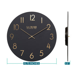Black wall clock with gold numbers and La Crosse Clock Co. branding, showing dimensions on a white background.