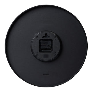 Back image of the 404-3841 16-inch Commercial Wall Clock showing the battery compartment, the quartz movement, and the hanging hole.