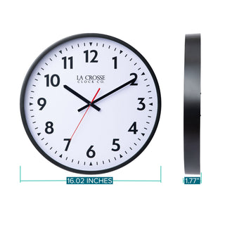 Dimension image of the 404-3841 16-inch Commercial Wall Clock measuring 16.02 inches in diameter and 1.77 inches in depth. The clock features bold black numerals, black hour markings, a white dial, black hour and minute hands, and a red second hand in a black flush-mount frame.