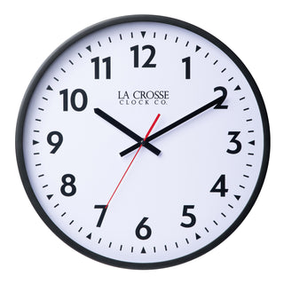 Head-on image of the 404-3841 16-inch Commercial Wall Clock featuring bold black numerals, black hour markings, a white dial, black hour and minute hands, and a red second hand in a black flush-mount frame.