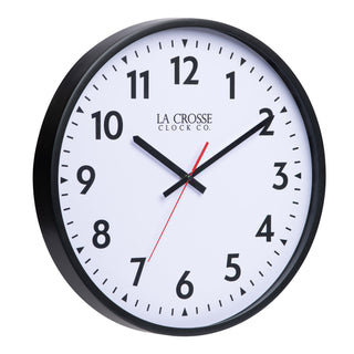 Right-facing image of the 404-3841 16-inch Commercial Wall Clock featuring bold black numerals, black hour markings, a white dial, black hour and minute hands, and a red second hand in a black flush-mount frame.