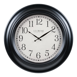 404-3846A A round wall clock with a thick black frame and a white clock face featuring black Arabic numerals and hands. The brand name 'LA CROSSE' is printed on the face.