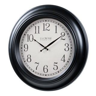 404-3846A A round wall clock with a thick black frame and a white clock face featuring black Arabic numerals and hands. The brand name 'LACROSSE CLOCK CO.